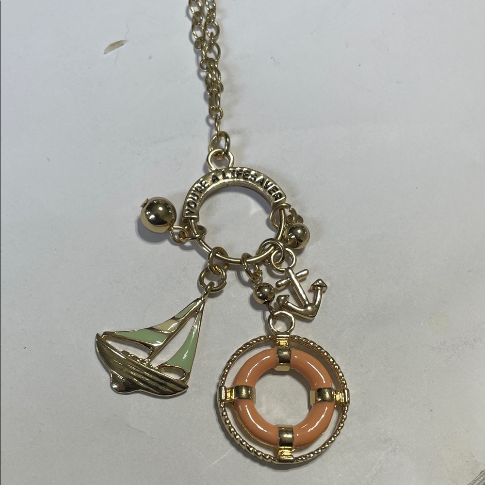 Gold-Tone Nautical Charm Necklace with Coral Life Ring and Mint Sailboat